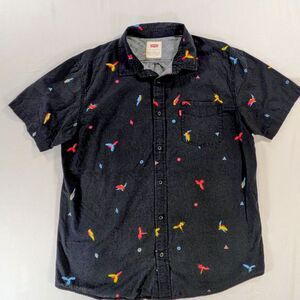 Levi's Men Large Hawaiian Shirt Black Colorful Parrots Short Sleeve 100% Cotton
